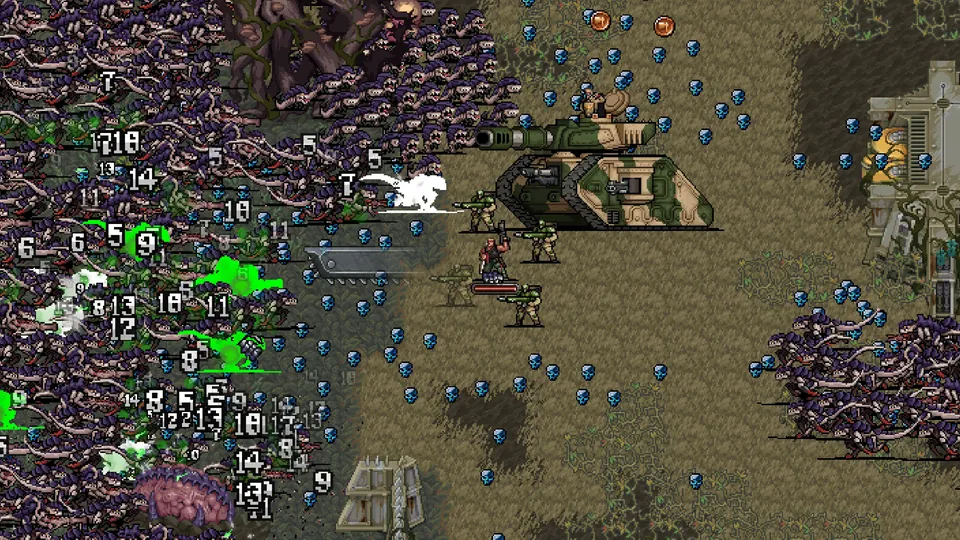A tank and a squad of soldiers fire into a huge swarm of alien creatures as damage numbers fill the screen in Warhammer Survivors