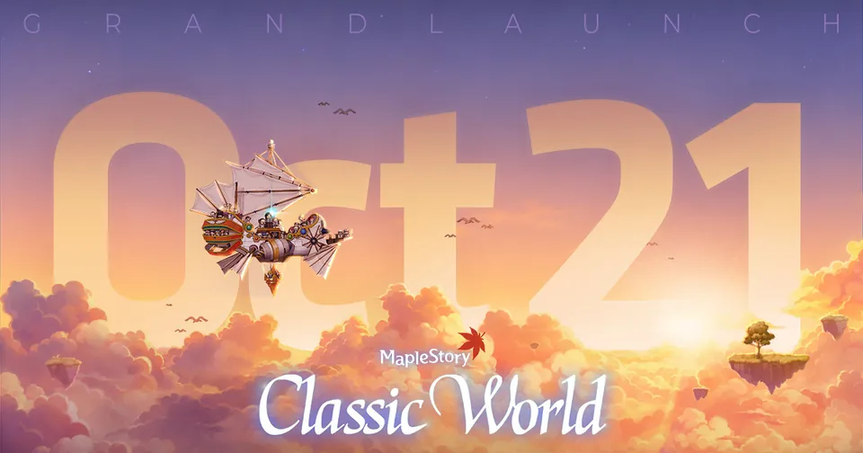MapleStory Classic World Grand Launch art with an airship flying past floating islands and the date Oct. 21