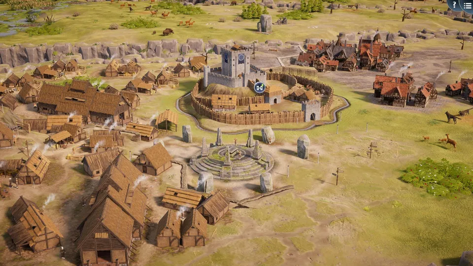 TerraScape gameplay: a walled medieval town growing around a stone keep