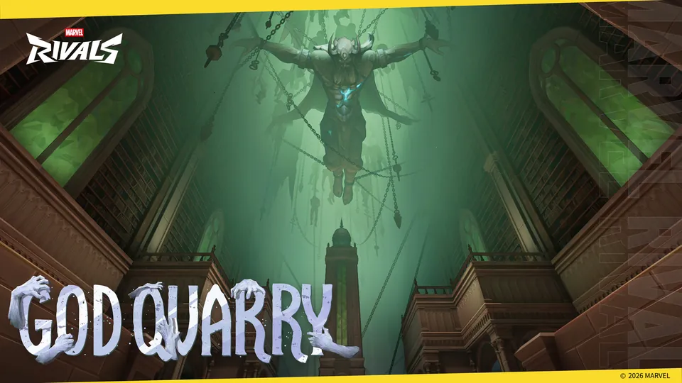 God Quarry title art with a chained figure hanging in a green-lit gothic hall lined with tall bookshelves