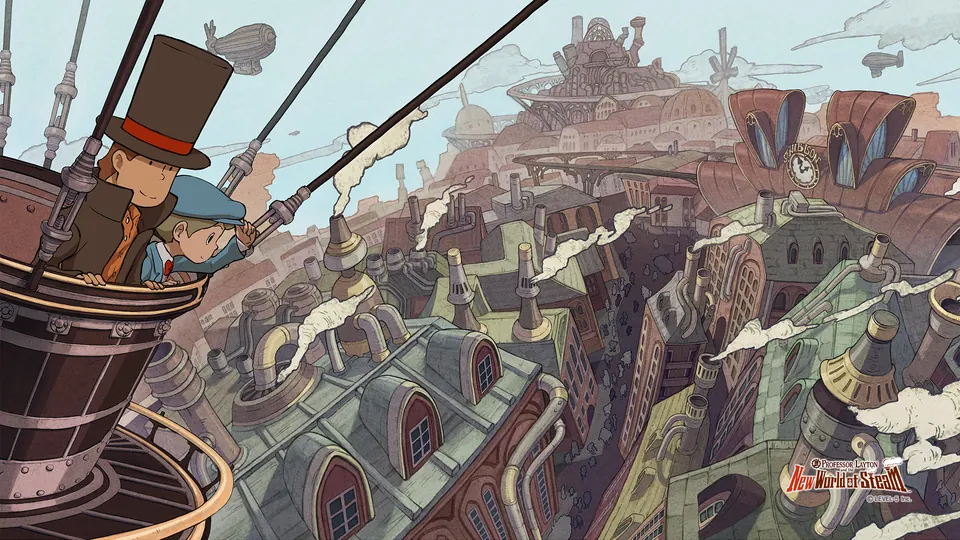 Layton and Luke lean out of an airship basket above the rooftops and smokestacks of Steam Bison in Professor Layton and the New World of Steam