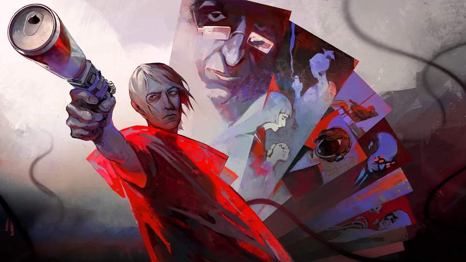 Zero Parades key art of a white-haired spy in red aiming a pistol with a soda can on the muzzle, painted character portraits fanned out behind