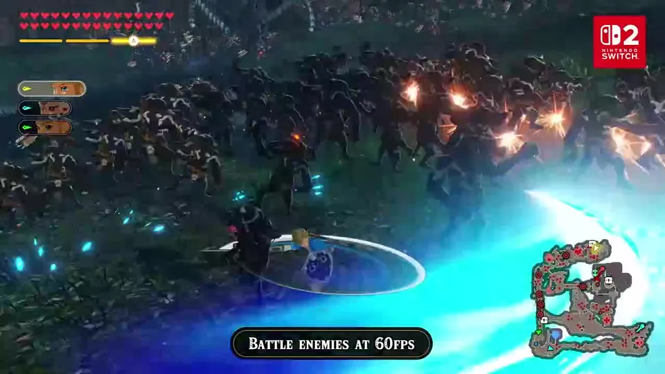 Link cuts through a horde of monsters with a glowing blue sword arc, with a Battle enemies at 60FPS banner, in the Definitive Edition trailer
