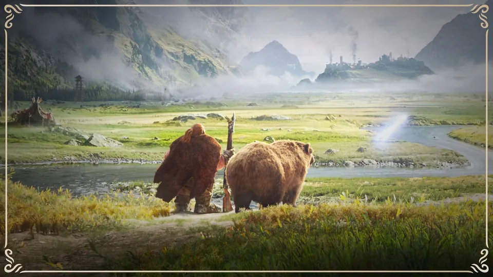 A dwarf and a bear look out over a green valley in the World of Warcraft: Forever cinematic