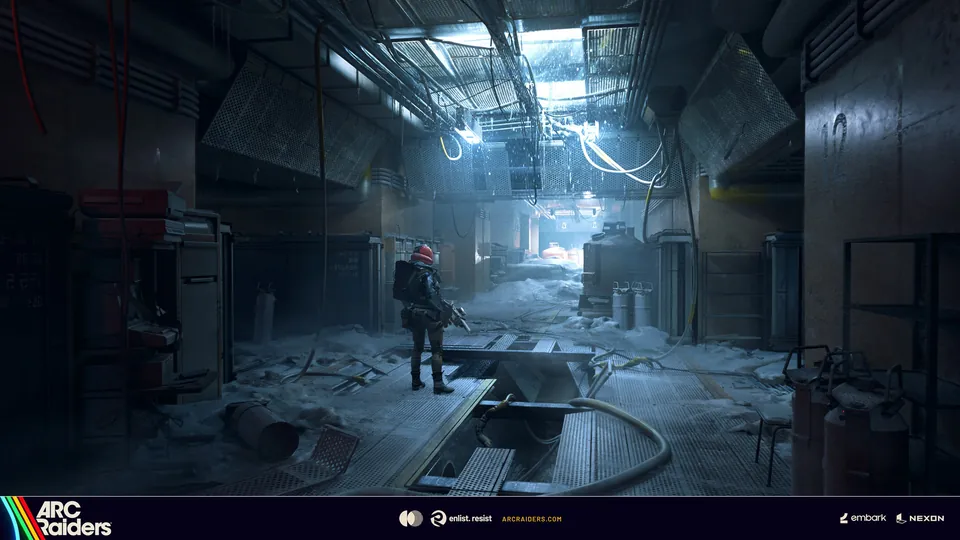 A Raider standing in a frosted industrial corridor lit from above in ARC Raiders