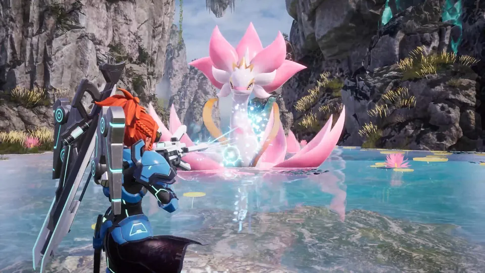 An armored player stands in shallow water beside a pink, lotus-like Pal in Palworld
