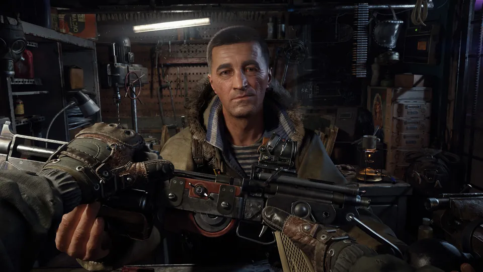 A trader in a cluttered workshop hands a rifle across the counter in Metro 2039