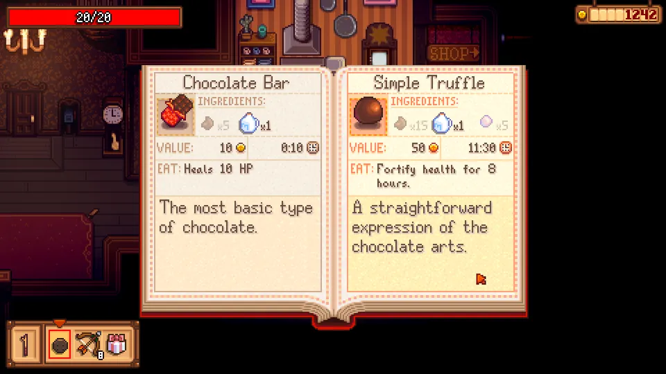 An open recipe book shows the ingredients and value of a Chocolate Bar and a Simple Truffle in Haunted Chocolatier