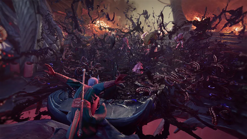 A warrior stands among writhing purple tentacles inside a burning cavern in Baldur's Gate 3