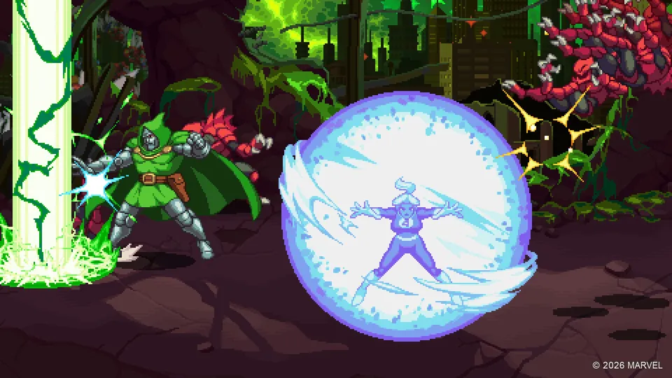 In an overgrown ruined city, Doctor Doom fights red insect-like enemies next to the Invisible Woman inside a blue force-field sphere