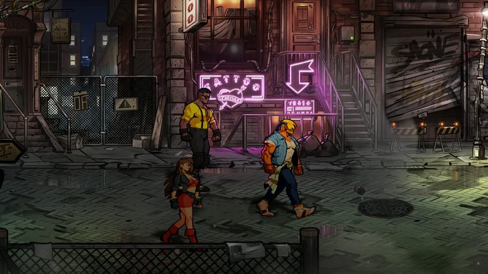 Three fighters walk down a dark alley past a neon tattoo sign in Streets of Rage 4