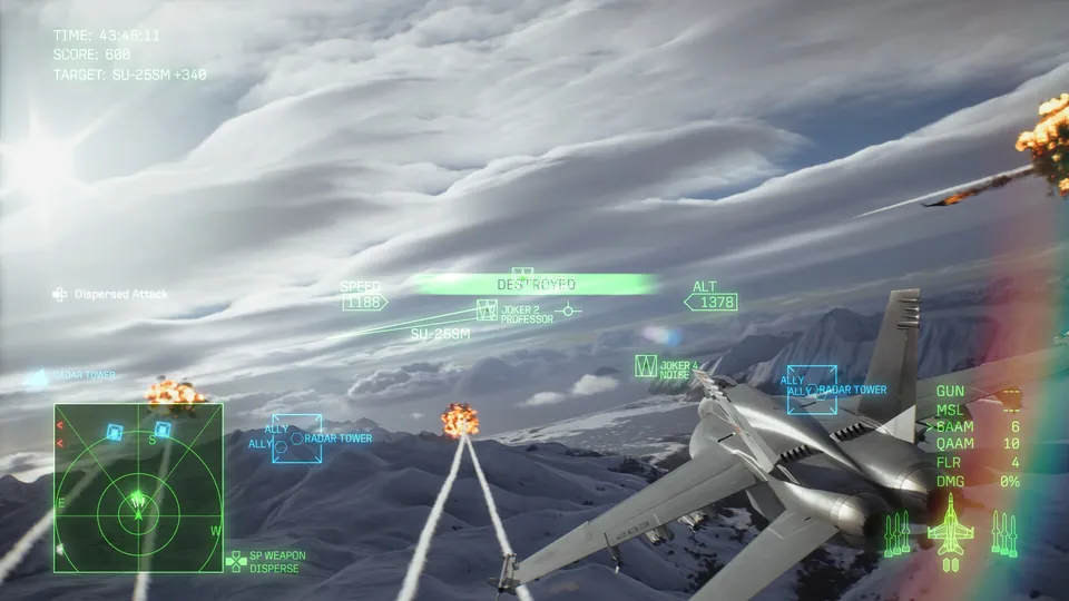 A fighter jet fires missiles toward exploding targets over snowy mountains in Ace Combat 8