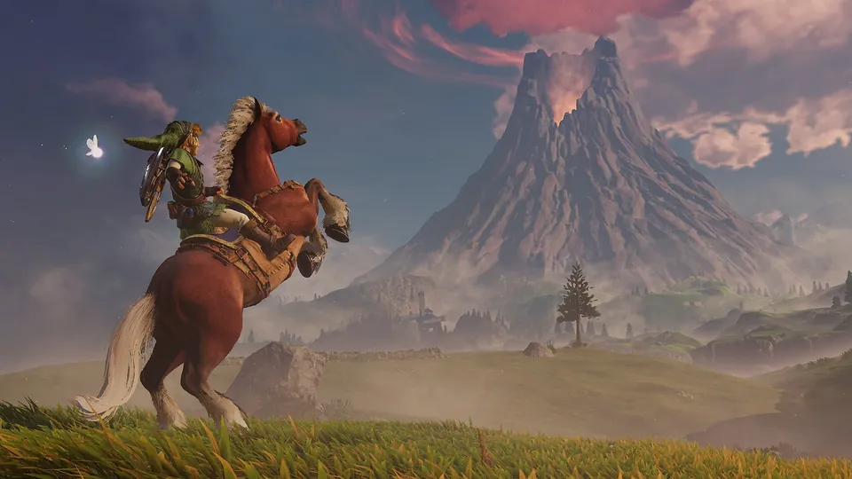 Link rides Epona across Hyrule Field with Death Mountain behind