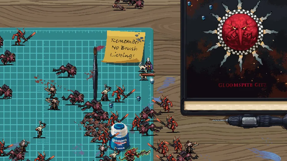 Enemies swarm across a hobby cutting mat beside a paintbrush, a paint pot and a note that reads Remember no brush licking in Warhammer Survivors