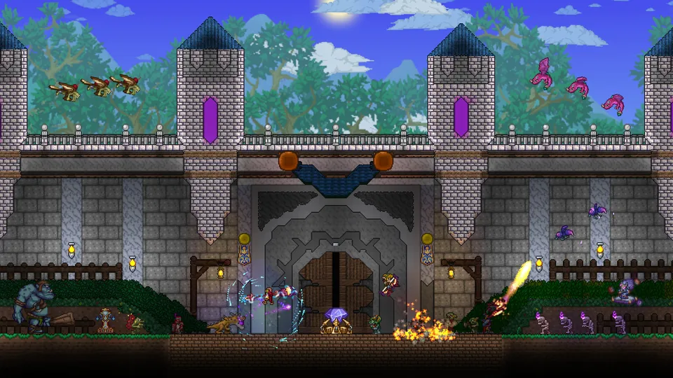 A stone castle with blue towers and purple banners rises above a jungle as players battle monsters at its gate in Terraria