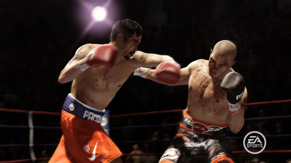 Two boxers in orange trunks trade punches under arena lights in Fight Night Champion