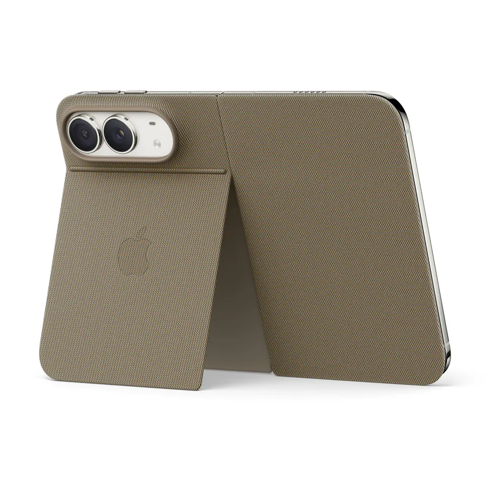 The back of an open iPhone Duo in the taupe Folio with Kickstand, standing in landscape on its fold-out kickstand