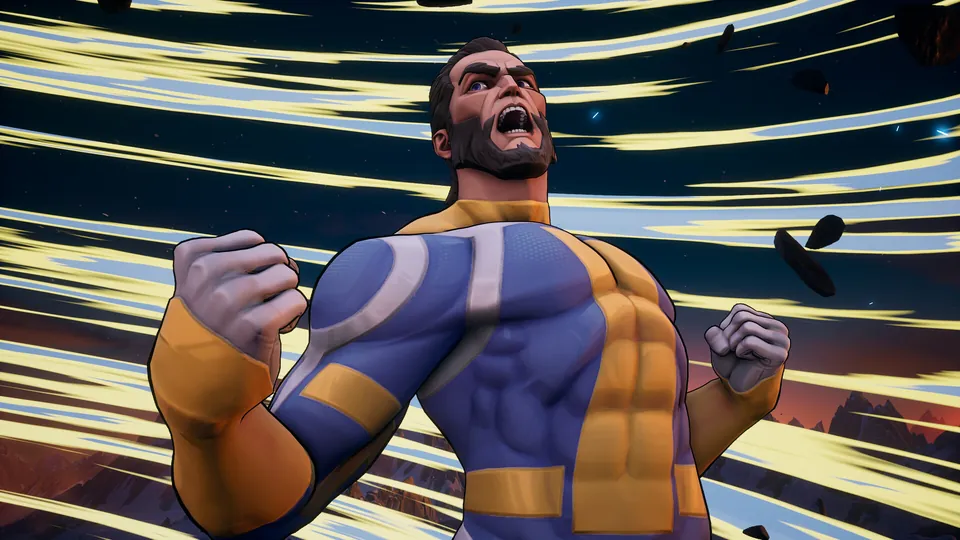 A bearded fighter in a blue and gold suit clenches both fists and shouts against a streaked, comic-style background in Invincible VS