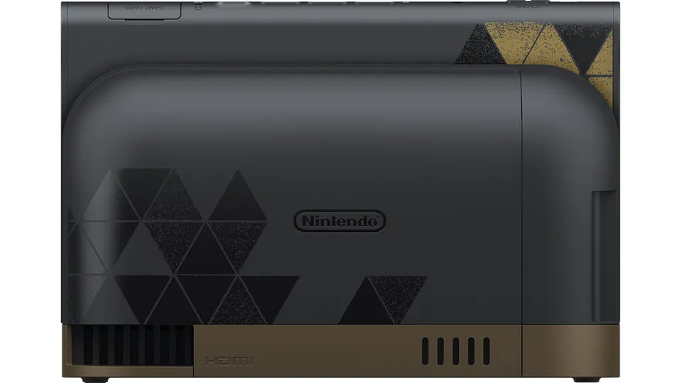 The back of the Zelda edition Switch 2 dock with black triangle patterns and gold triangles on the console above it.