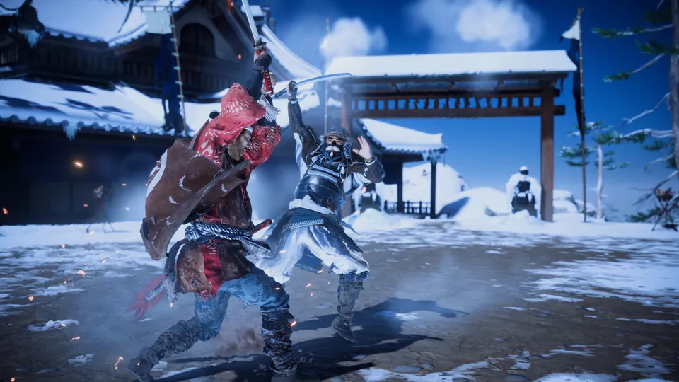Two samurai clash swords in a snowy courtyard in Ghost of Tsushima