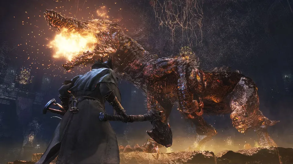 A hunter faces a huge burning beast with twisted antlers in the dark streets of Yharnam in Bloodborne