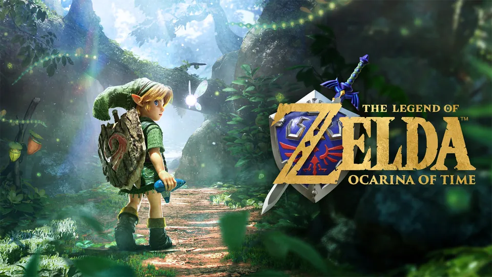 Young Link and Navi on a forest path next to The Legend of Zelda: Ocarina of Time logo