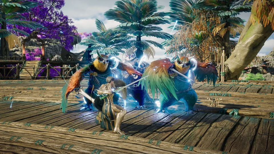 AION 2 warrior in gold armor fighting three feathered owl creatures on a wooden dock among palm trees