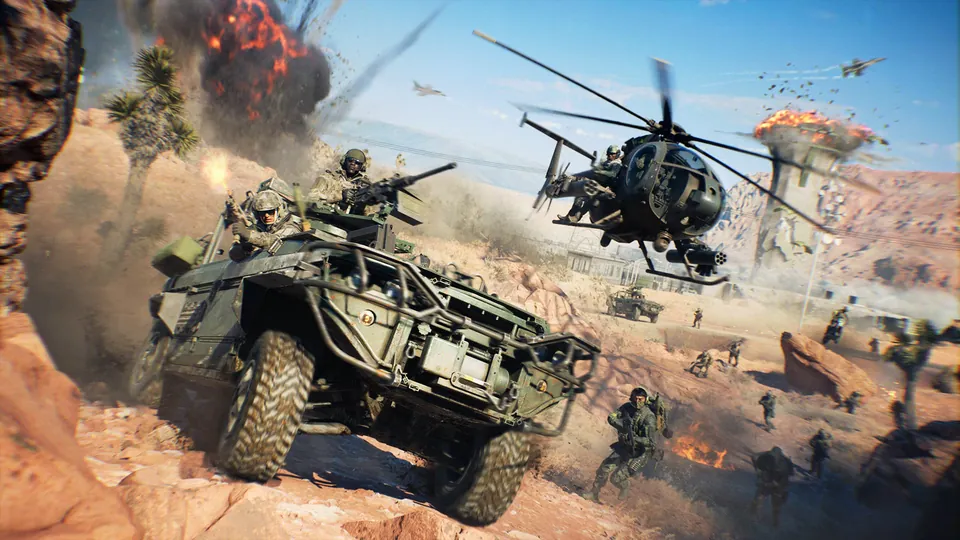 An armored vehicle and a helicopter fight across the desert on the Area 51 map in Battlefield 6