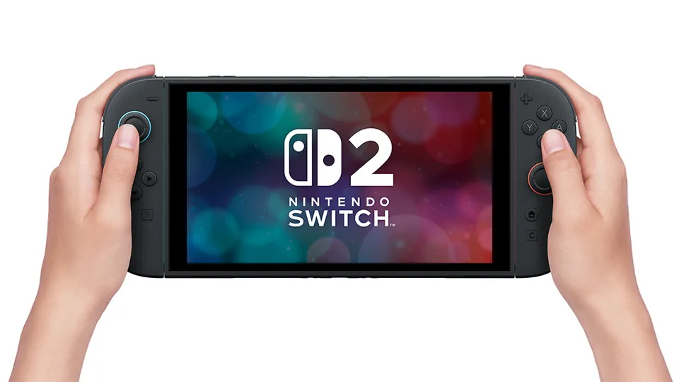 Two hands hold a Nintendo Switch 2 in handheld mode