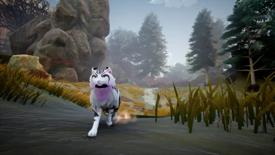 A white cat with purple markings walks along a misty pine forest path in Warrior Cats: Clans of the Forest