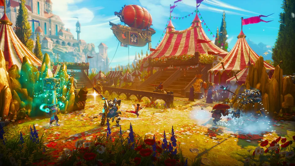 Heroes fight outside striped circus tents under a red airship in a sunny fairground level of Trine 6: Together in Time