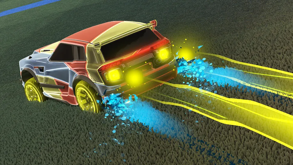 A Rocket League car with glowing yellow boost trails drives across the pitch