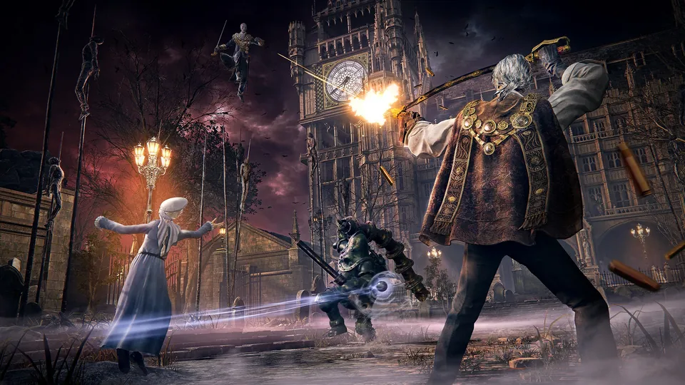 Hunters fight a beast in a gaslit gothic street at night