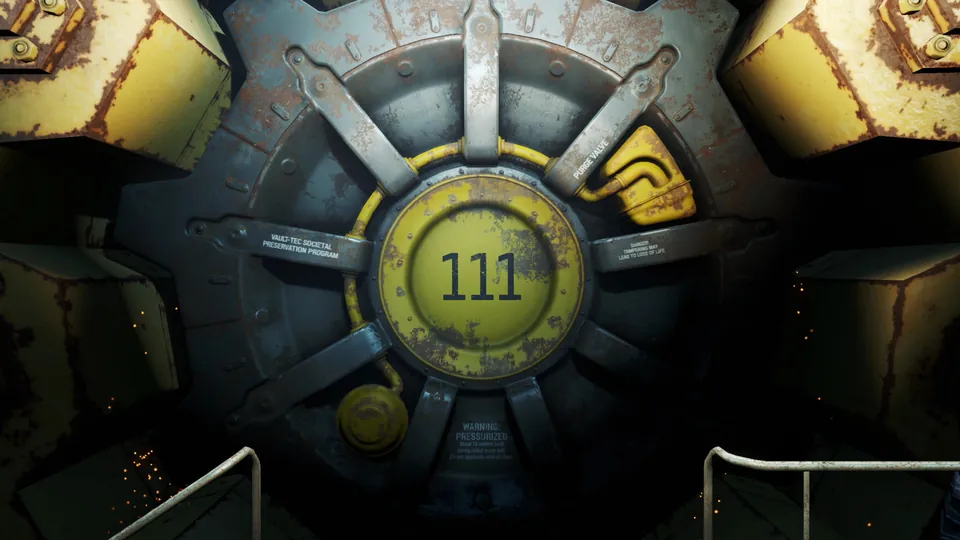 The giant round door of Vault 111, marked with the number 111, sits closed inside a dim concrete chamber in Fallout 4