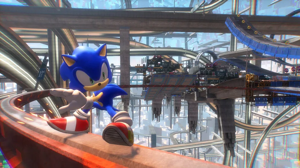 Sonic grinds a curved rail high above a maze of floating highways in Sonic Frontiers on Nintendo Switch 2.