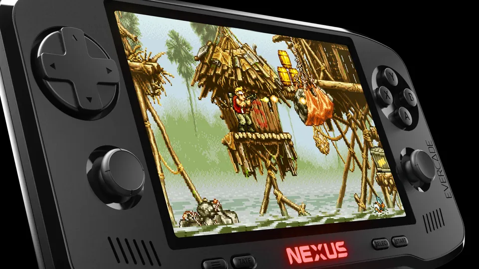 The black Evercade Nexus handheld shows an arcade jungle scene on its 5.89-inch screen between dual analog sticks, above a glowing red Nexus logo