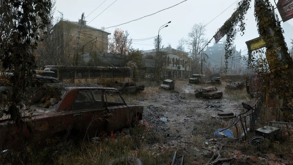 Rusted cars on a muddy, overgrown street of abandoned Moscow buildings in Metro 2039