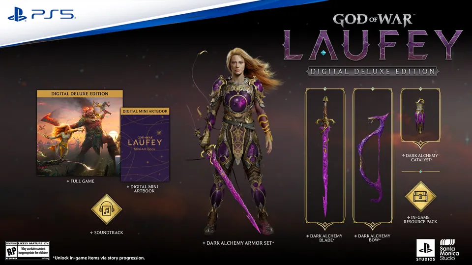 The contents of the God of War Laufey Digital Deluxe Edition, including the Dark Alchemy armor and weapons