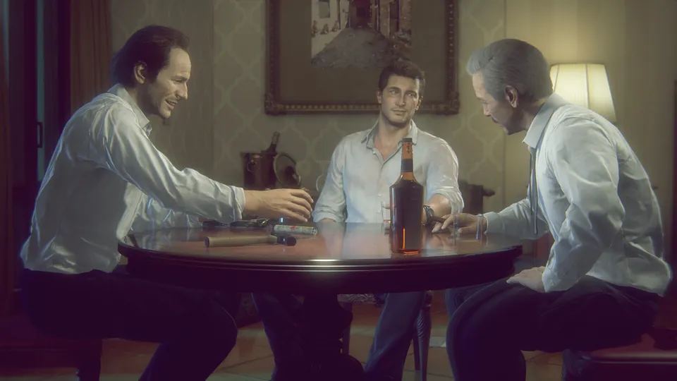 Three men talk over a bottle at a wooden table in Uncharted 4: A Thief's End