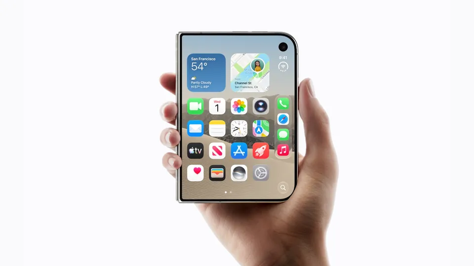 A hand holding a closed iPhone Duo in star white, its 5.4-inch outer screen showing the Home Screen