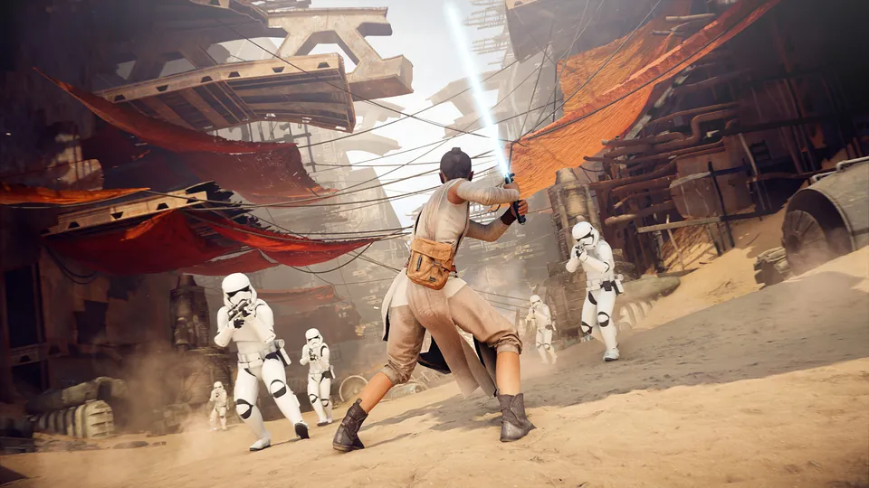 A fighter with a blue lightsaber battles stormtroopers in a desert town in Star Wars Battlefront II