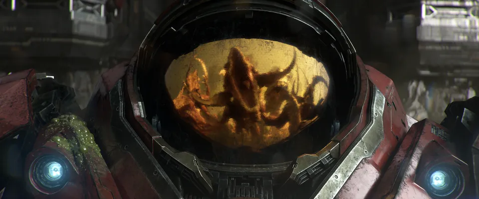 An alien creature is reflected in the gold visor of an armored soldier in the new StarCraft