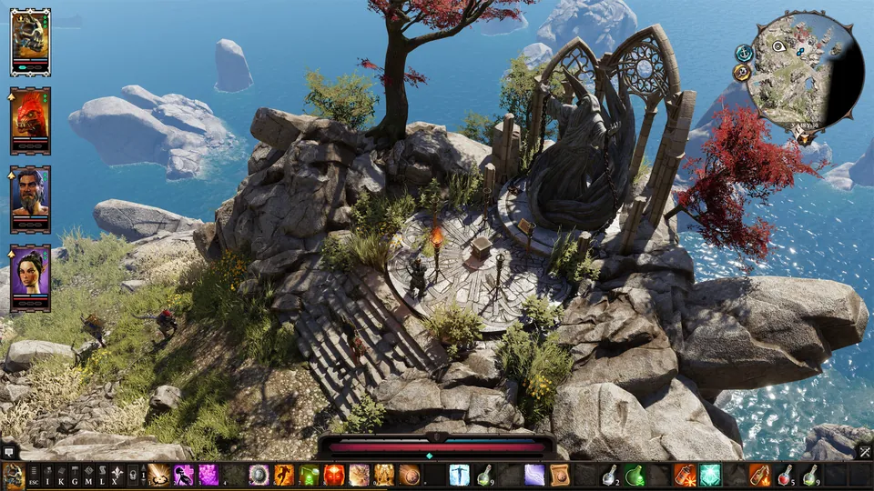 A ruined stone shrine on a rocky island above clear blue water in Divinity: Original Sin 2