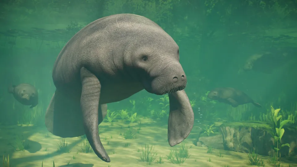 A manatee swimming in a green freshwater tank