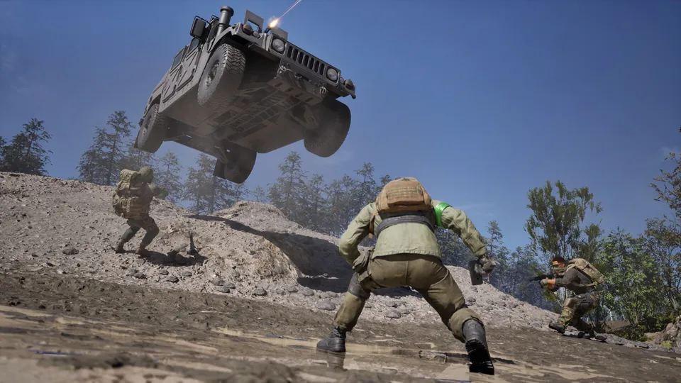 A Wardogs armored truck flies over a ridge above running soldiers