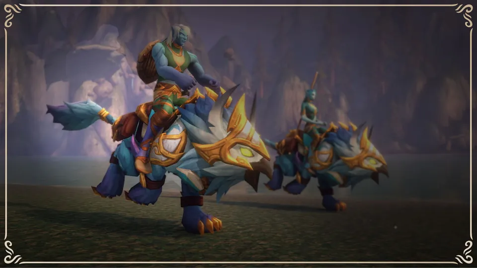 Two riders on armored blue cat mounts from the World of Warcraft: Forever upgrade editions