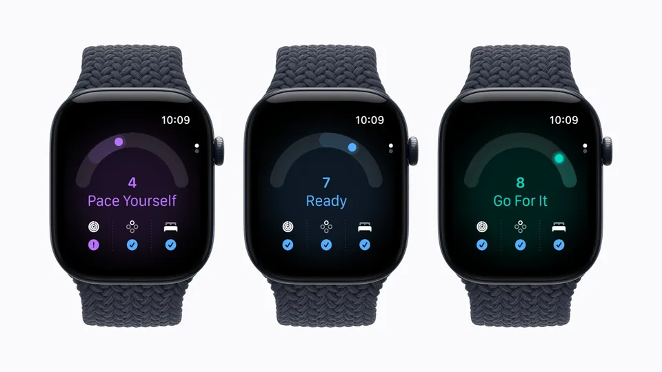 Three Apple Watch Series 12 screens showing readiness scores: Pace Yourself, Ready and Go For It