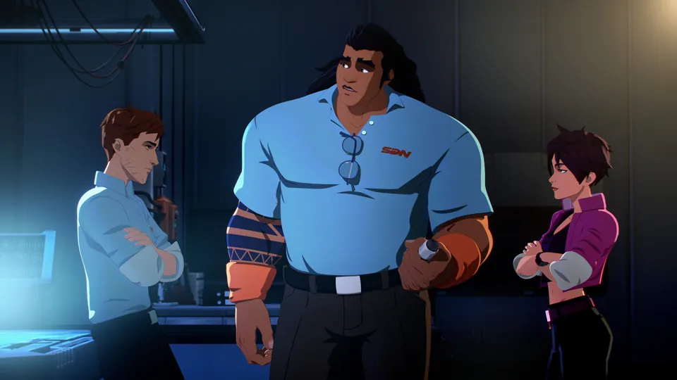 Three Superhero Dispatch Network staffers face each other in a dim blue workshop