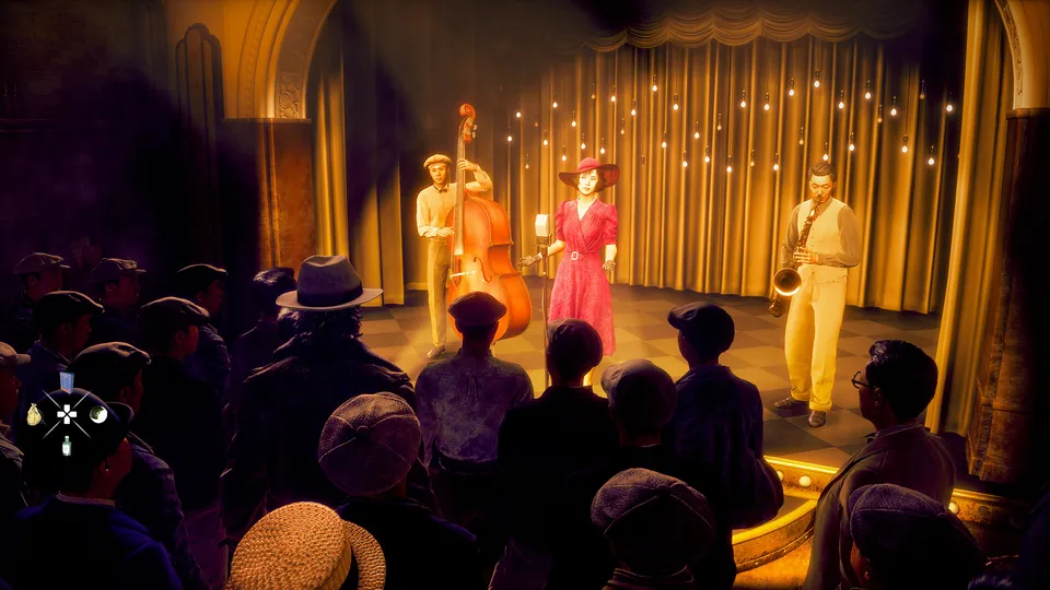 A band with a singer in red performs on a gold-lit stage for a crowd in hats