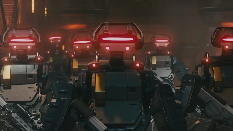 Rows of robot soldiers with glowing red visors stand ready in Starfield: Terran Armada